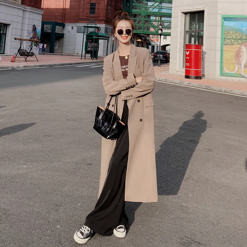 

Women's Trench Coat Korean Super Long 2021 Spring Autumn New Loose High-end Solid Color Single-breasted Simple Stylish Suit YW66