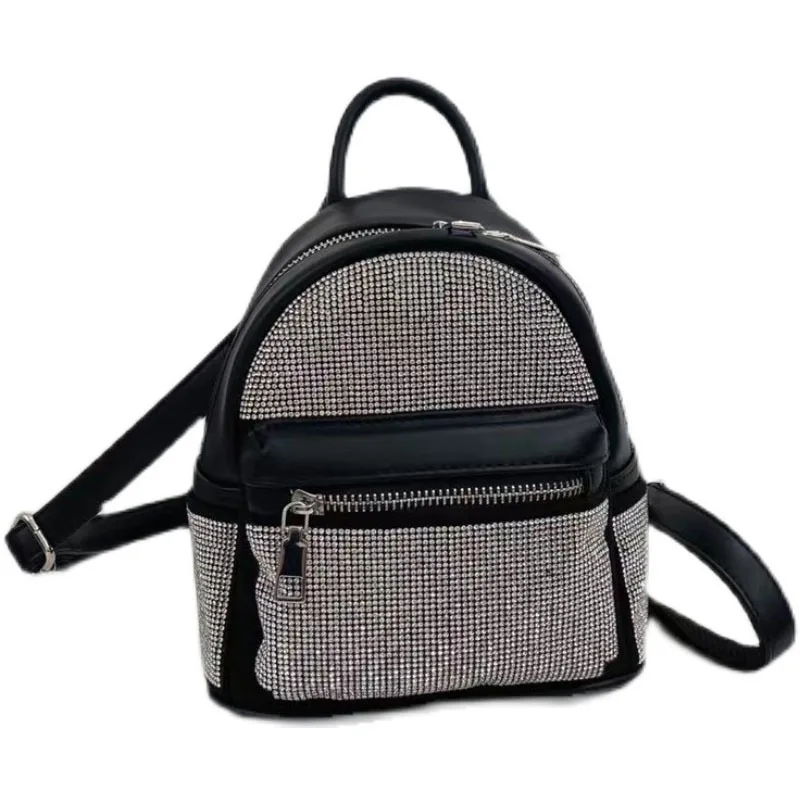 

[EAM] Women New Summer Black Mini Cute Diamonds Pu Leather Personality All-match Travel Bag Backpack Fashion Tide 2021 18A2743