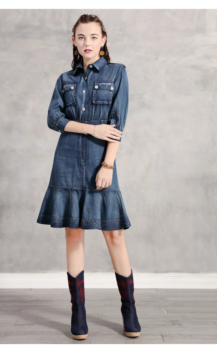 

Women's Spring Summer 2021 New Denim Shirt Skirt Long Vintage Ruffled Nine-point Sleeve Dress For Female Dresses Lady Skirts