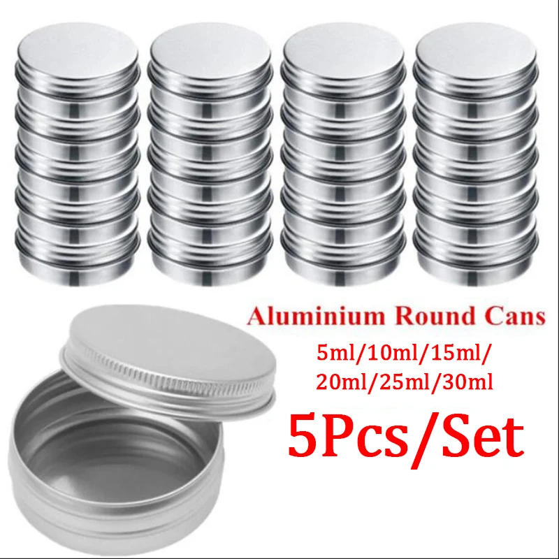 5Pcs Aluminum Mini Round Tin Metal Container Bottles Storage Jar Screw Lid Box Silver Empty Cosmetic Cream Lip Balm Jar Pot Case