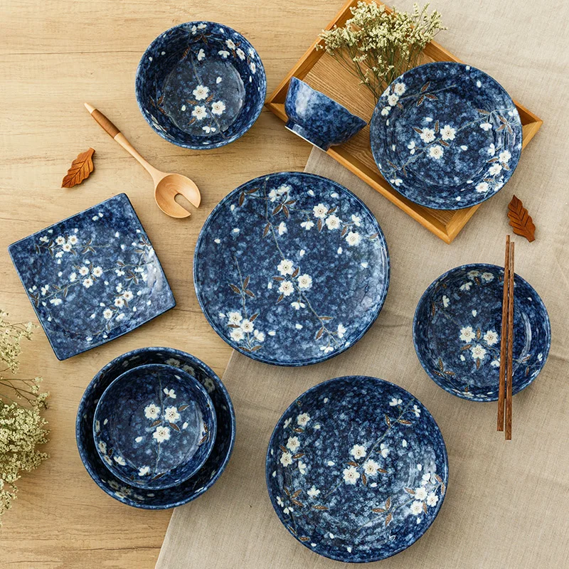 

Blue Ceramic Rice Bowl Home Underglaze Plateau Japanese Style Bowls Dish Tableware Dinner Plates Vaisselle Cuisine Тарелки