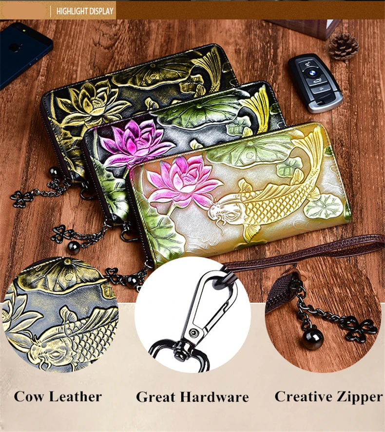 Женский кошелек из натуральной кожи «Южно-Гусь», роскошный длинный клатч, кошелек с цветочным принтом и рыбкой для девочек, сумка для денег с несколькими картами
