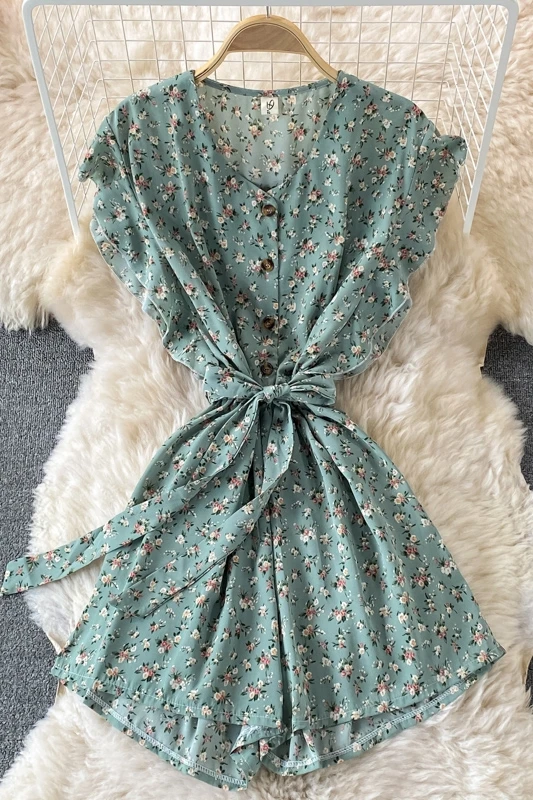 

Feifei Sleeves V-neck Chiffon Floral Jumpsuit Summer New Style Waist Thin Sweet Wide-leg Shorts