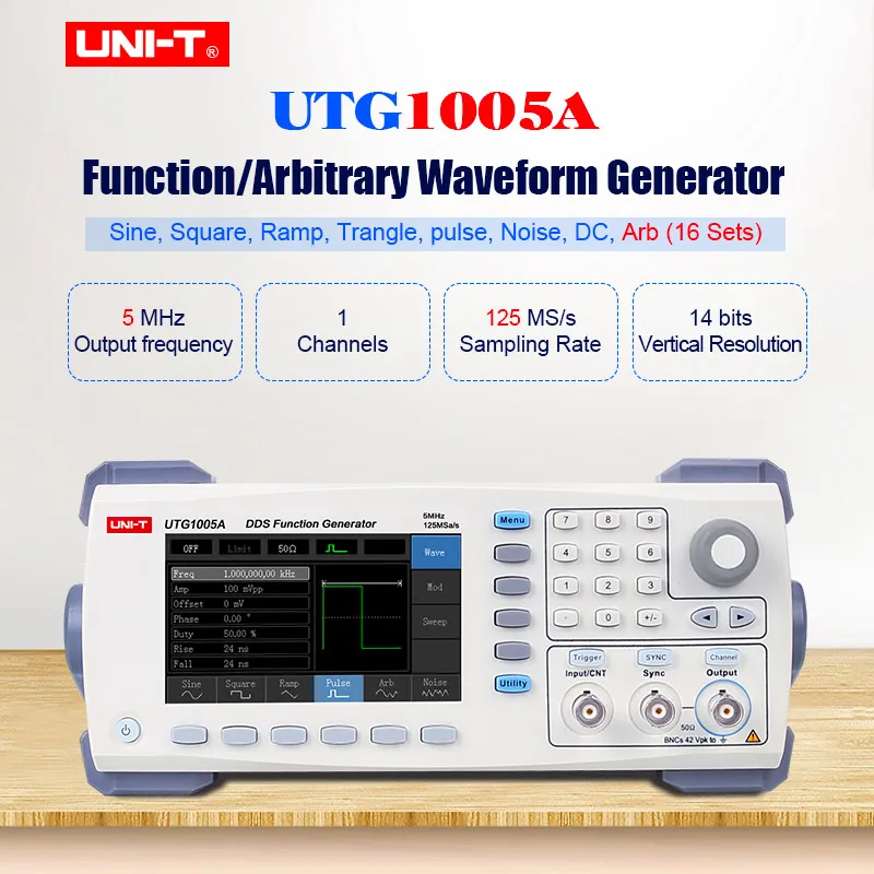 

UTG1005A Function/Arbitrary Waveform Generator 1 Channel 125MS/s Sampling rate 5MHz Output frequency AM PM FM ASK FSK Modulation