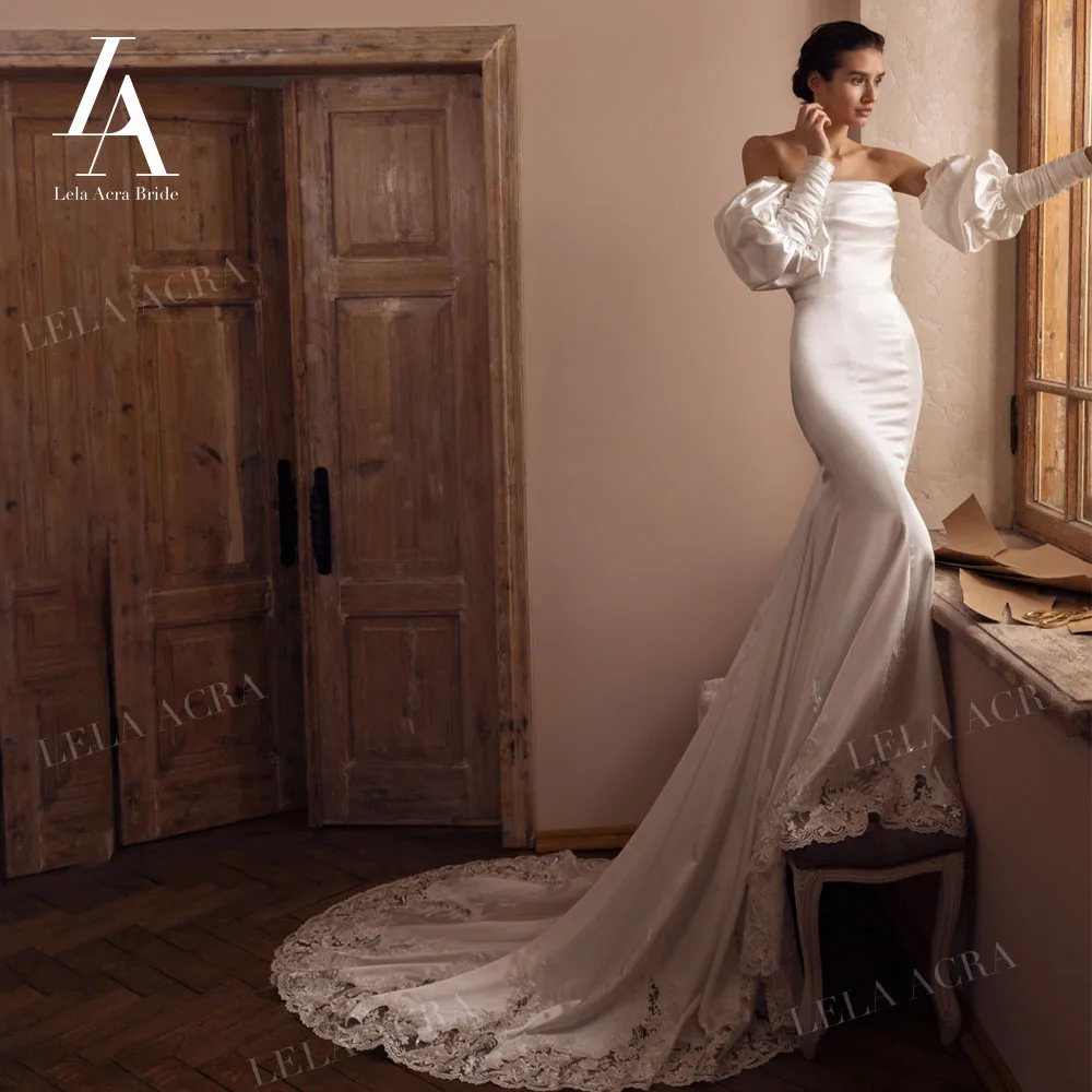 

LelaAcra свадебное платье без бретелек 2022 атласное платье 2 в 1 с пышными рукавами и открытой спиной юбка бриллиант R111 свадебное платье