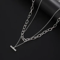 vintage rhinestone stick pendant necklace double layer alloy chain neck retro women girls jewelry accessories