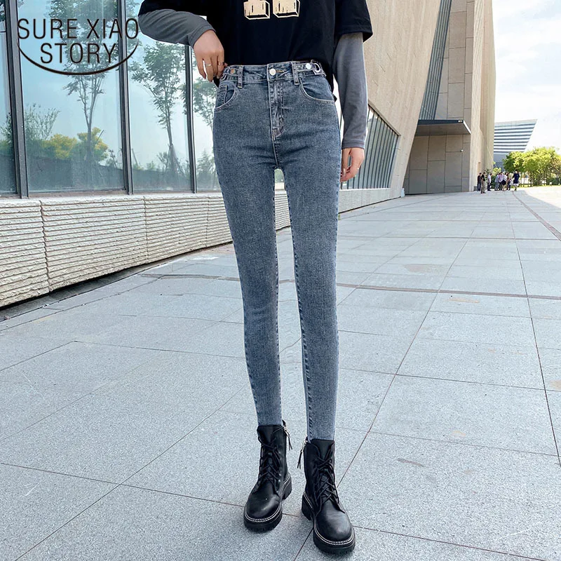 

Skinny Jeans Woman Denim Trousers High Waist Jeans 2022 Autumn All-match Streetwear Clothes with Vintage Gray Blue Gray 10732