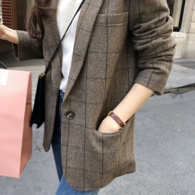 Women Autumn Winter Casual Wool Blazer Jacket Thick Padded British Plaid Suits Coat Vintage Loose Fit Office Lady Woolen Blazer