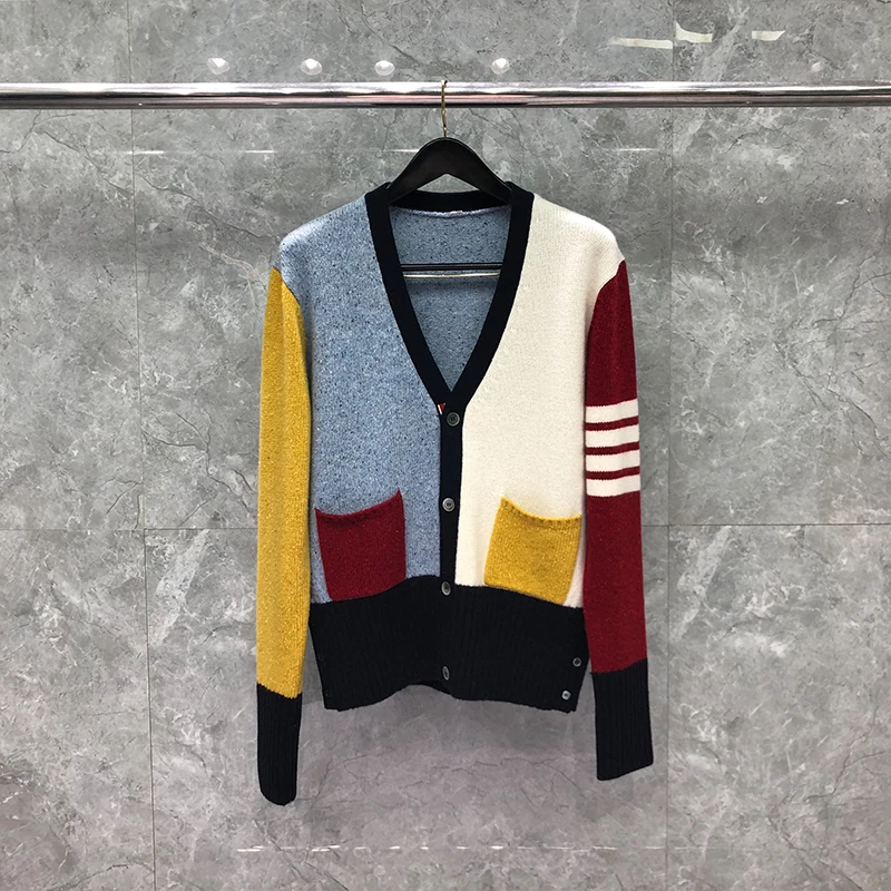 TB THOM Sweater Autunm Winter Sweater Male Fashion Brand Multicolor Spoted Wool Jersey Stitch 4-Bar Stripe V-Neck Cardigan Coats