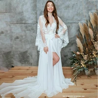 2021 lace white bridal dressing gown deep v neck long sleeve appliqued wedding bathrobes women boudoir sleepwear nightgowns