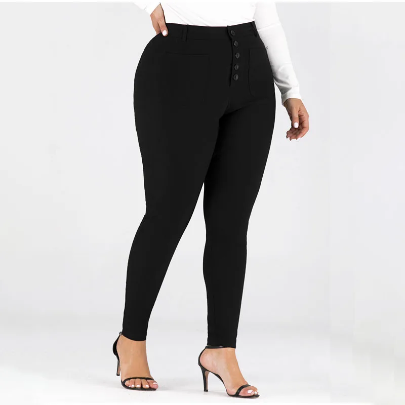 Узкие черные джинсы карандаш размера плюс с карманами на пуговицах 3XL 4XL женские