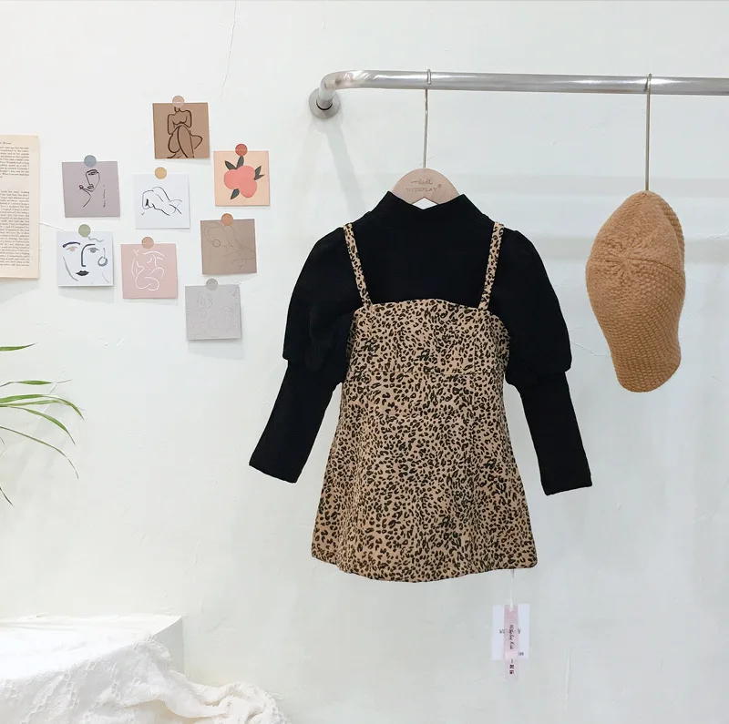 

2020 Family Matching Clothes Girls Mother Clothing Set Black Tops + Leopard Print Fleece Lining Kids Clothes