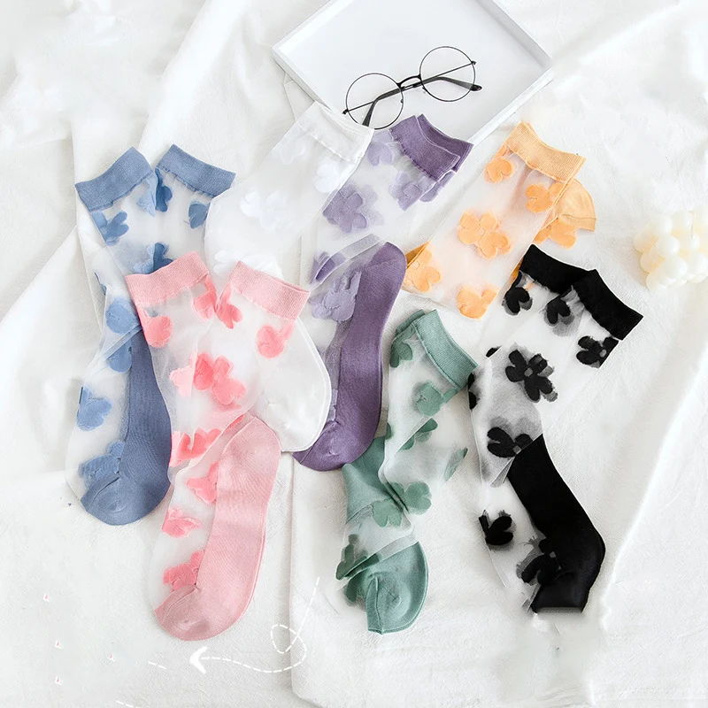 

Women Short Socks Ankle Socks Girls Summer Floral Printed Ultra-thin Lolita Style Kawaii Cute Transparent Crystal Silk Socks