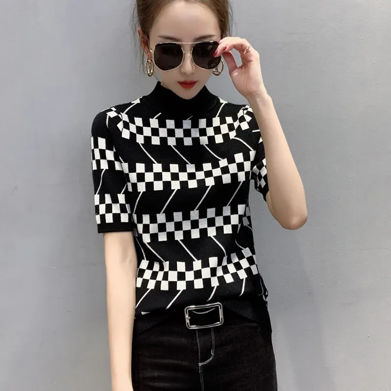 

#3827 Black Blue Khaki Plaid Knitted Sweater Women Turtleneck Slim Korean Casual Women Sweaters Pullover Knitwear Short Sleeved