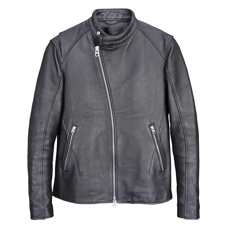 

Fashion New Sheepskin Jacket Genuine Leather Coat Mens Slim Short Leather Jackets Vintage Zipper Pockets Biker Jacket Streetwear