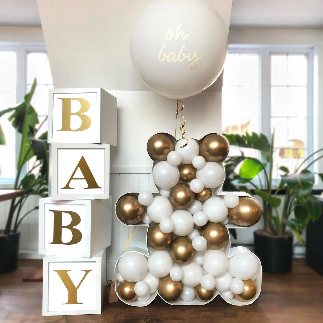 Caja de oro blanco para Baby Shower, cajas de globos para bebés, bloques para bebés para niños y niñas, decoraciones para fiesta de cumpleaños de reconocimiento de género