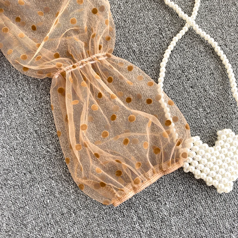 

Sexy Women Puff Sleeve Square Collar Pleated High Elastic Summer Crop Top Shirt Polka Dot Print Mesh Sheer Blouse