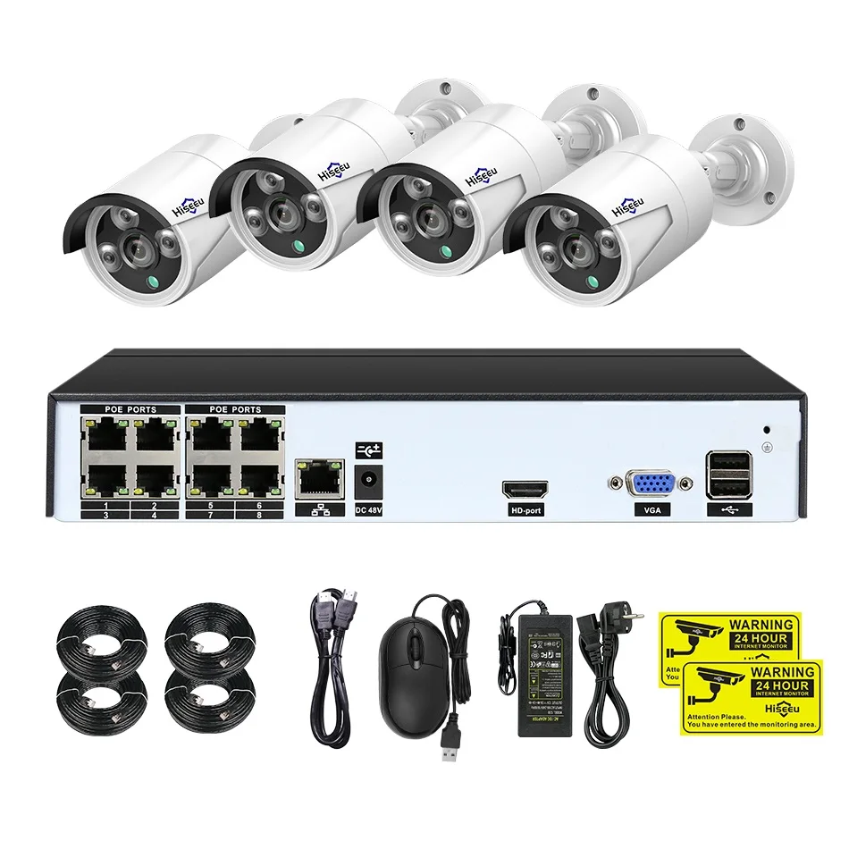 8CH NVR 4pcs Cameras 8CH POE NVR комплекты IEEE802.3af 48V CCTV системы 1080P Крытый Открытый камера водонепроницаемый 2MP безопасности видеонаблюдения комплект Hiseeu - Цвет: 8CH NVR 4pcs Cameras