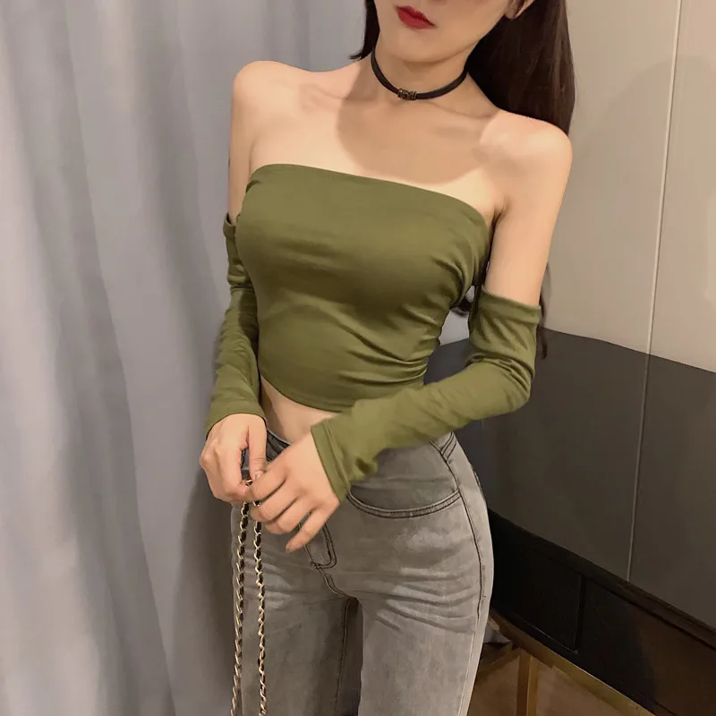 sexy slash neck off shoulder crop tops hollow out long sleeve fashion brand Backless Back cross Women's Clothing t-shirts modis | Женская