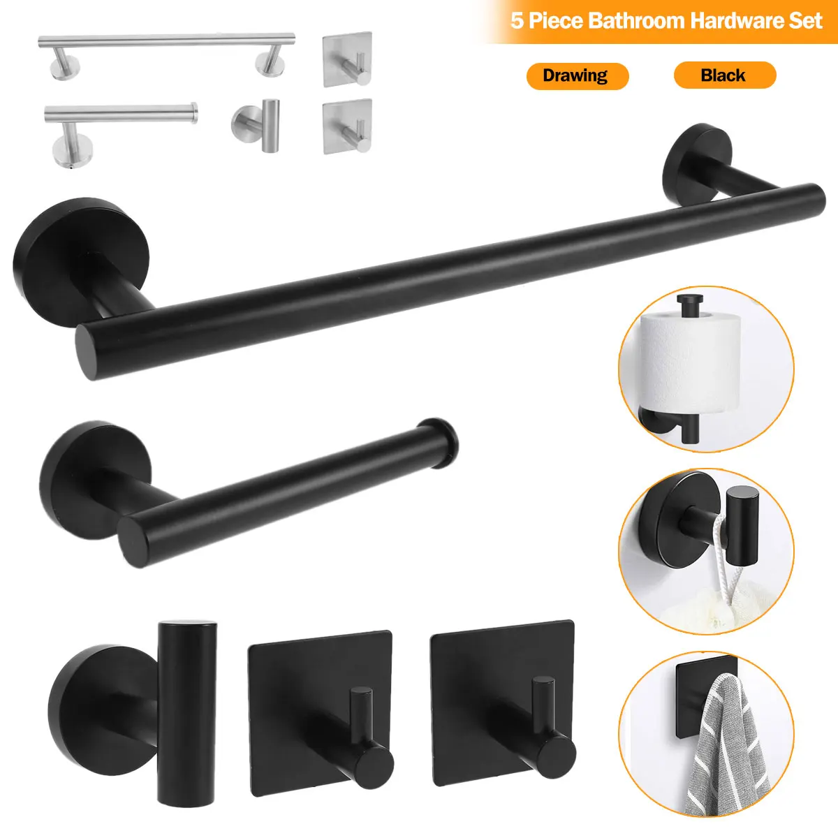 

5Pcs Bathroom Hardware Set Stainless Steel Towel Rack Set Wall Mounted Towel Bar Set Hand Towel Bar Toilet Paper Holder 3 Hooks