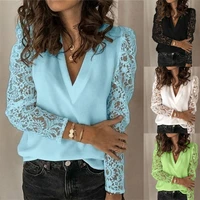 womens casual solid color lace tshirts long sleeves chiffon plus size top women clothing loose pullover v neck tunic tee shirts