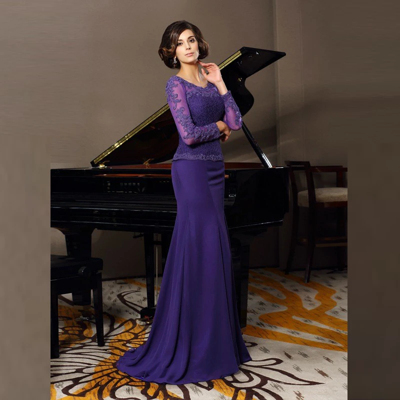 Женское кружевное платье с юбкой годе фиолетовое для матери невесты длинным