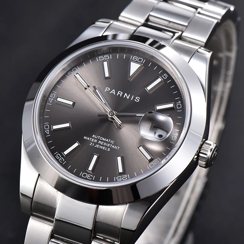 

New Parnis Gray Dial Men's Watches Calendar Miyota 8215 Movement 21 Jewels Automatic Mechanical Stainless Steel Strap Men Watch