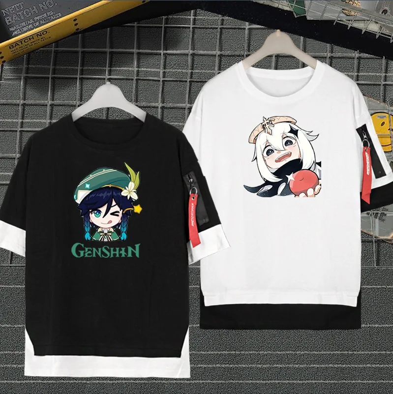 

Original God Keli Paimeng Anime Short-sleeved T-shirt Impression Pain Clothes Summer Cute Trend Fake Two-piece T-shirt Clothes