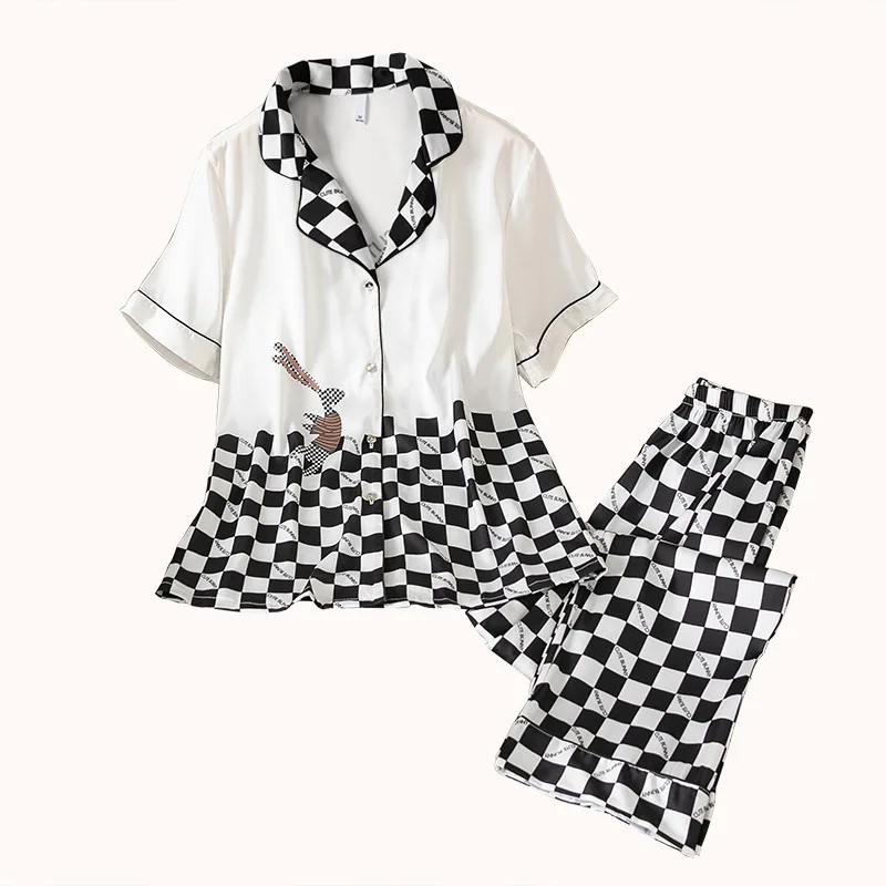 

Satin Femme Pyjamas Lapel 2PCS Sleepwear Plaid Pajamas Suit With Short Sleeve Summer Nightwear Lingerie Button-Down Home Service