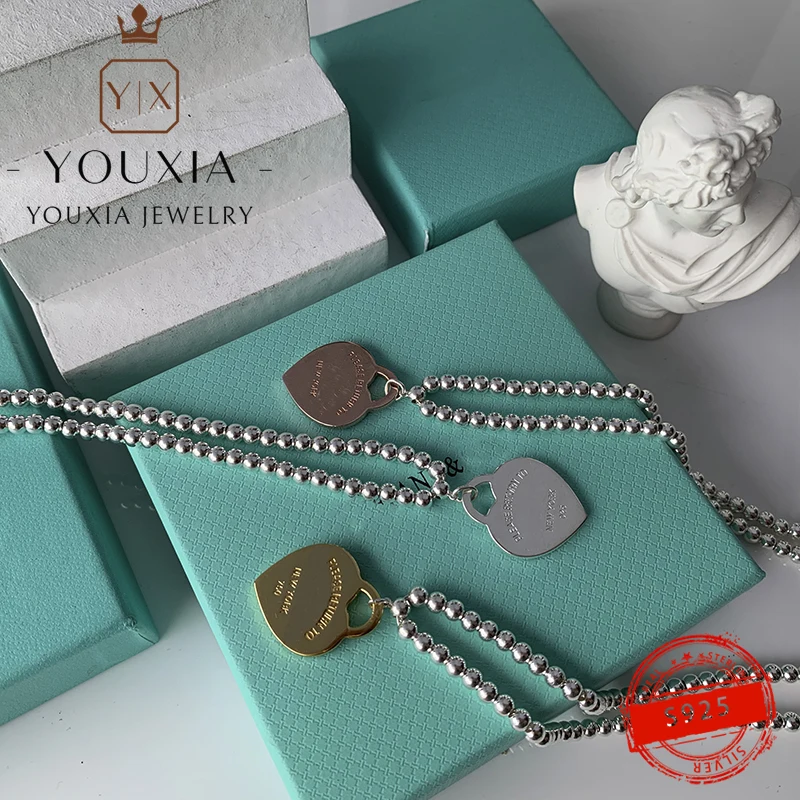 

925 Sterling Silver Necklace High Quality Customized Fashion Trend Heart-shaped Bead Necklace Couple Gift With Logo Jewelry