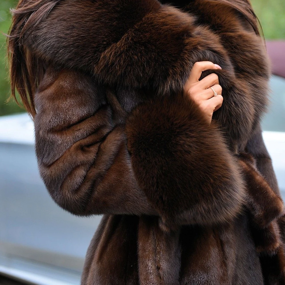 2022 New Fashion Real Mink Fur Coat 90cm Long Genuine Mink Fur Coats With Fox Fur Big Lapel Collar Warm Overcoats Fur Natural