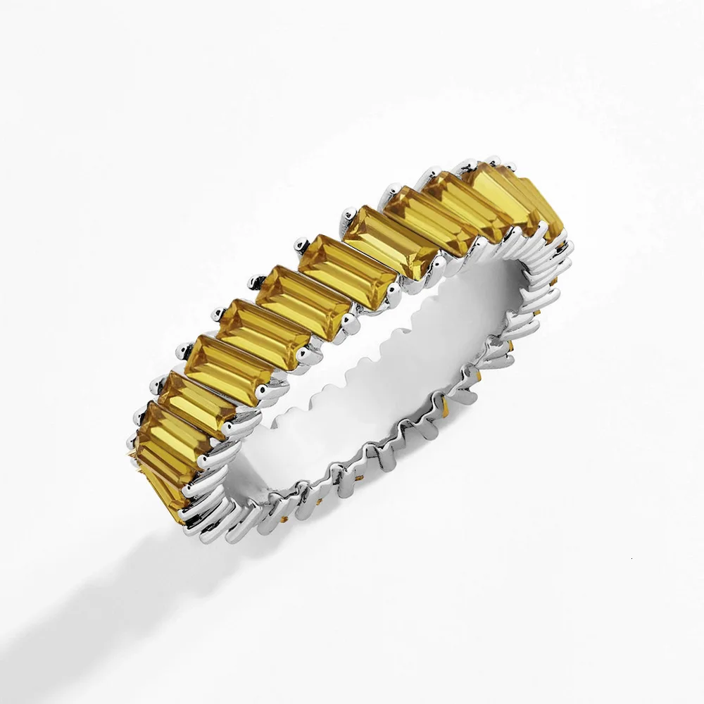 Silver Yellow Новое Женское кольцо с радужным фианитом в стиле бохо, цвета: золото, серебро, багет, кубический цирконий, обручальное кольцо вечности - Цвет основного камня: Silver Yellow