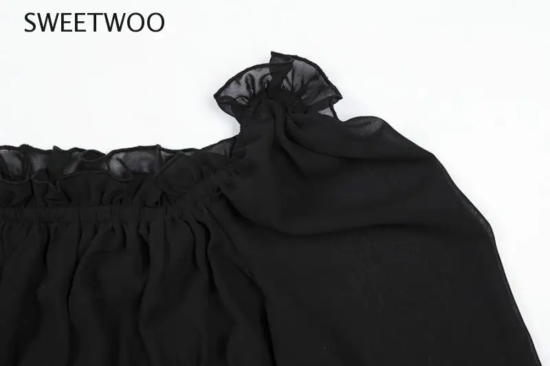 

Black Sexy Mesh See-Through Bodysuits Womens Autumn Ruffle Long Sleeve Wear Wild Slim Elegant Off Shoulder Rompers