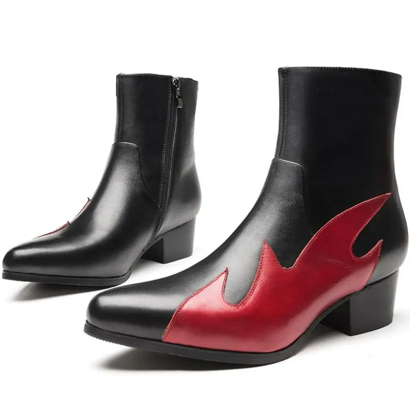

Autumn Winter Mens Fashion Leather Boots High Heel Pointed Toe Zip Cowhide Warm Height increase Boots Trendy High Top Men Shoes