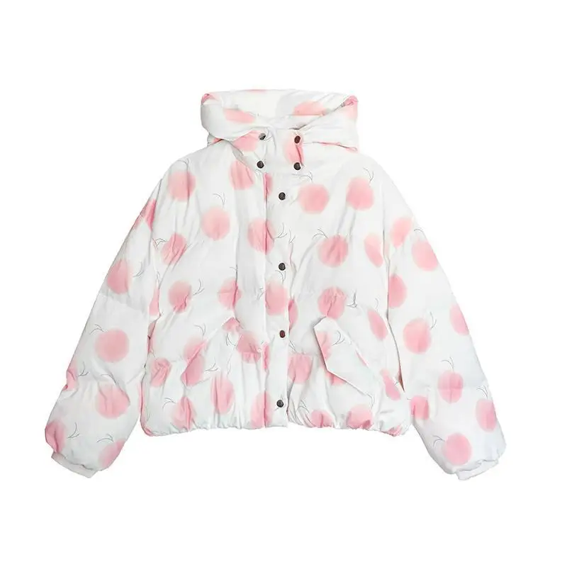 

VOOCIEC Winter Woman Down Jacket Japanese Girl Sweet Style Peaches On Earth Pink Girly Fashion Japanese Lolita Down Jacket