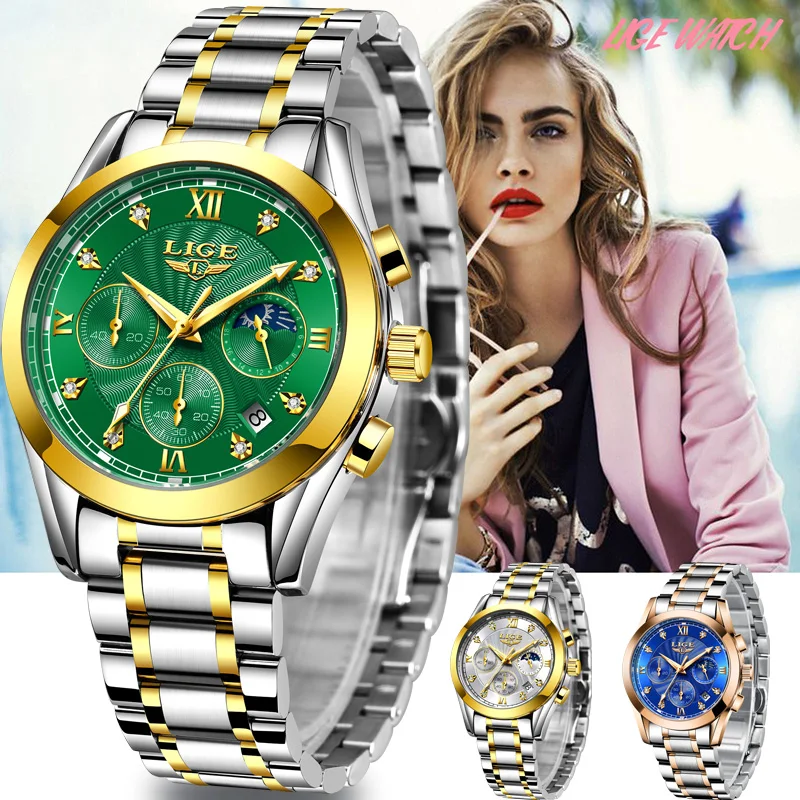 LIGE Fashion Women Watches Ladies Top Brand luxury Waterproof Gold Quartz Watch Stainless Steel Date Wear Girl Gift Clock | Наручные часы