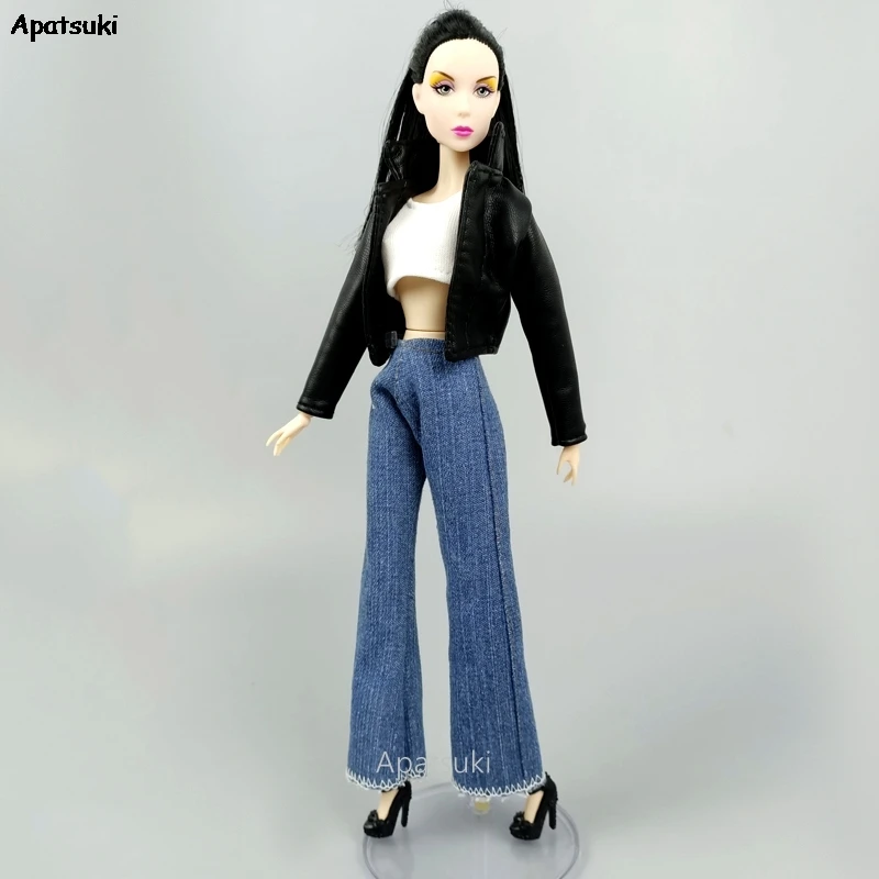 Черное кожаное пальто наряды для куклы Барби комплект одежды модная куртка
