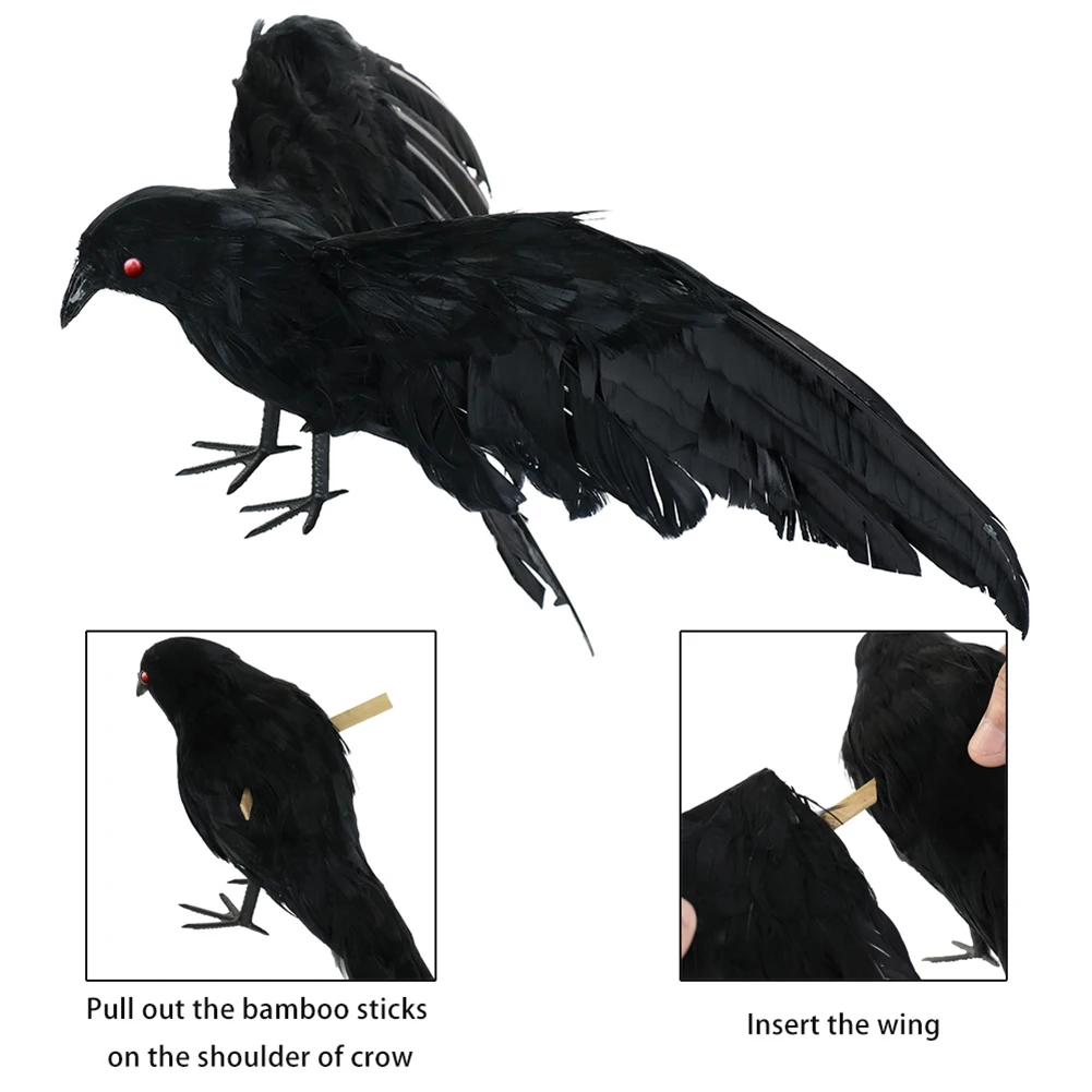 

3pcs/set Halloween Realistic Handmade Crow Prop Black Feathered Crow Ravens For Outdoors and Indoors Decoration