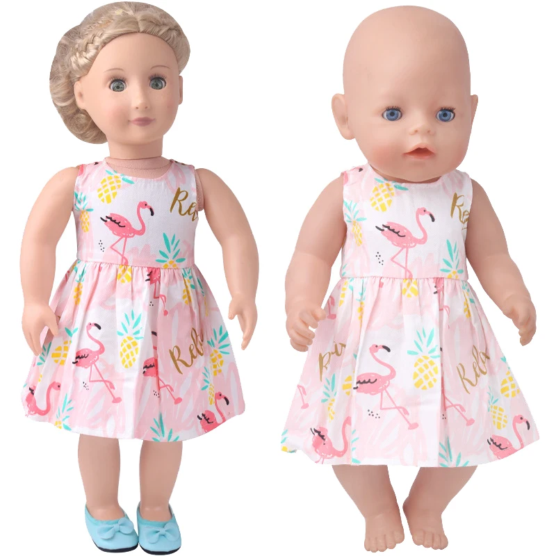 

New Summer Flamingo Print Dress Fit 43cm Baby New Born,42cm Nenuco,18inch Girl Doll Clothes Accessories