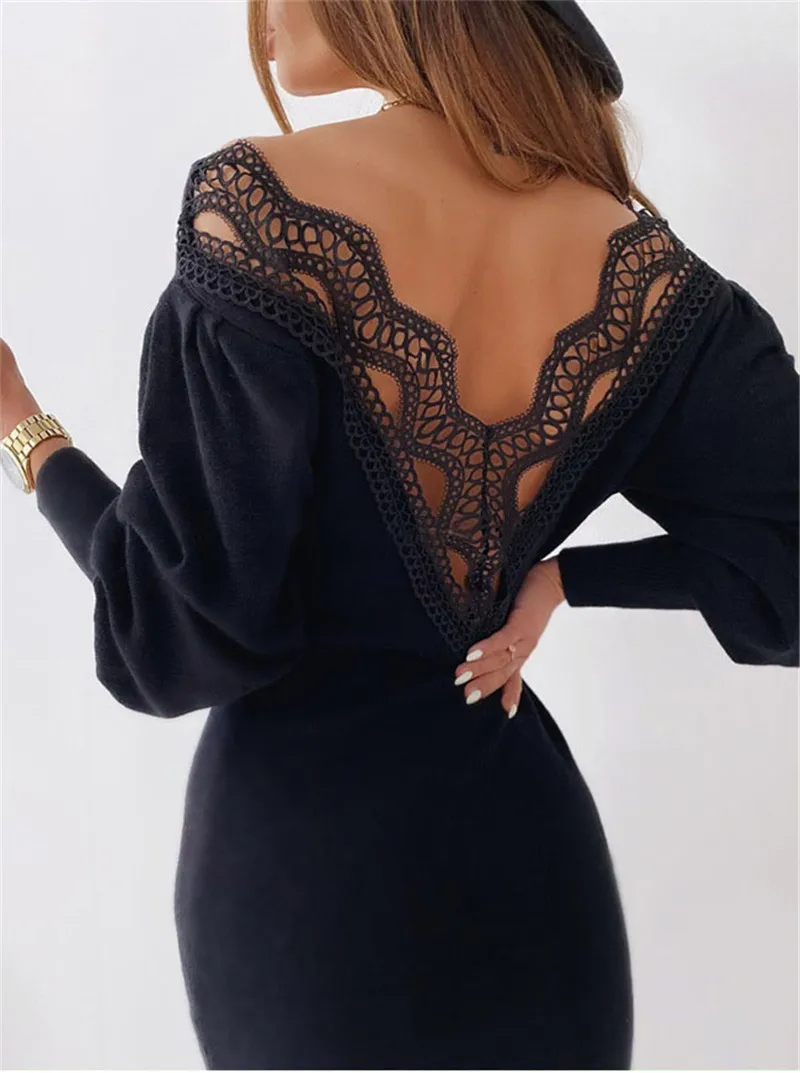 

2020 European and American Autumn Dress Sexy Open Back Lace V-neck Waist Dress White Dress Bandage Dresses Woman Dress