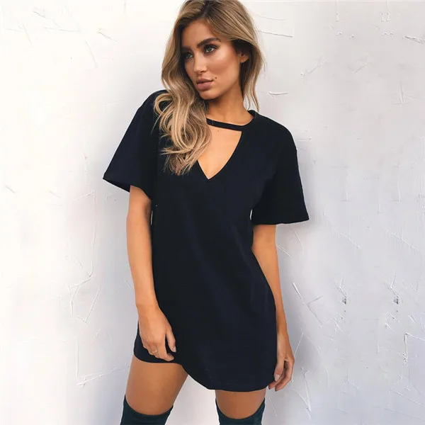 

2021 Summer Niche V-neck Short Sleeve Oversized and Long Women's T-shirt Dress Solid Casual Joker Pullover Hollow Out Aesthetic