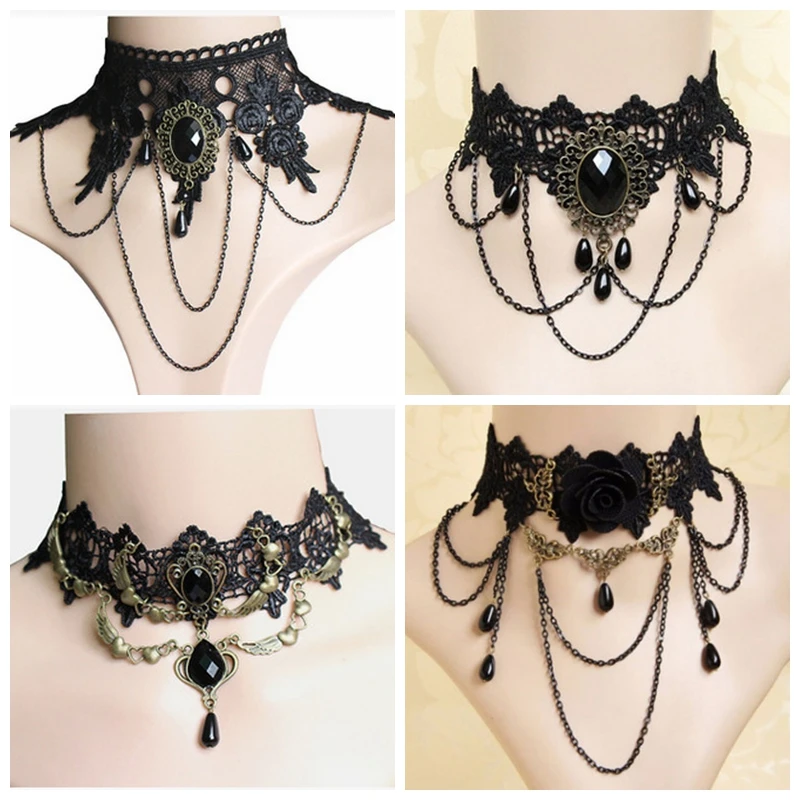 Викторианское готическое кружевное ожерелье чокер Стразы с подвеской в стиле