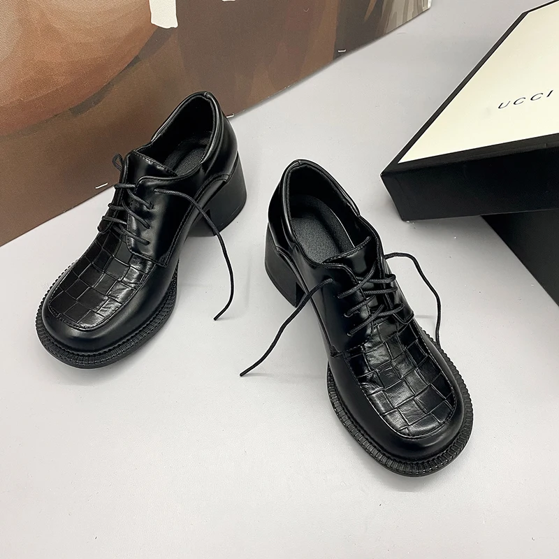 

WETKISS 2021 New Women Pumps Shoes Chunky Heels Square Toe Shoes Platform Lace up Shoes Casual Weave Print Office Footwear