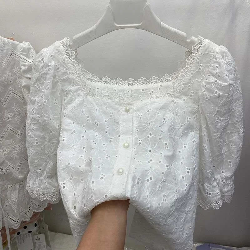 

Chic Embroidery Lace Blouse Women Tops 2021 Summer Cutout Vintage French Square collar Causal White Shirt Women Blusas