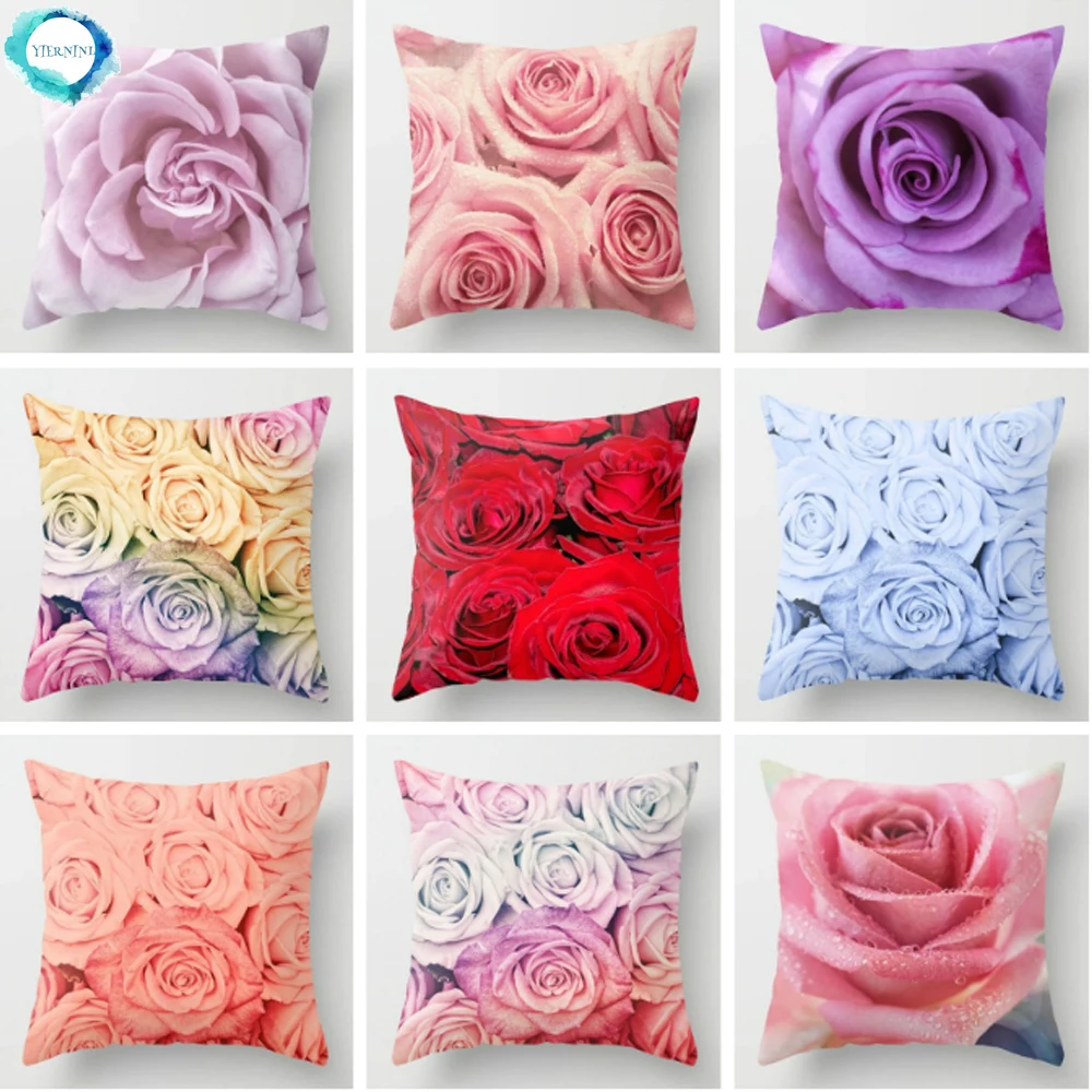 

Rose Flowers Polyester Cushion Cover Nordic Style Home Decoration Throw Pillow Cover For Sofa Bed Pillow Case almofadas 45X45cm