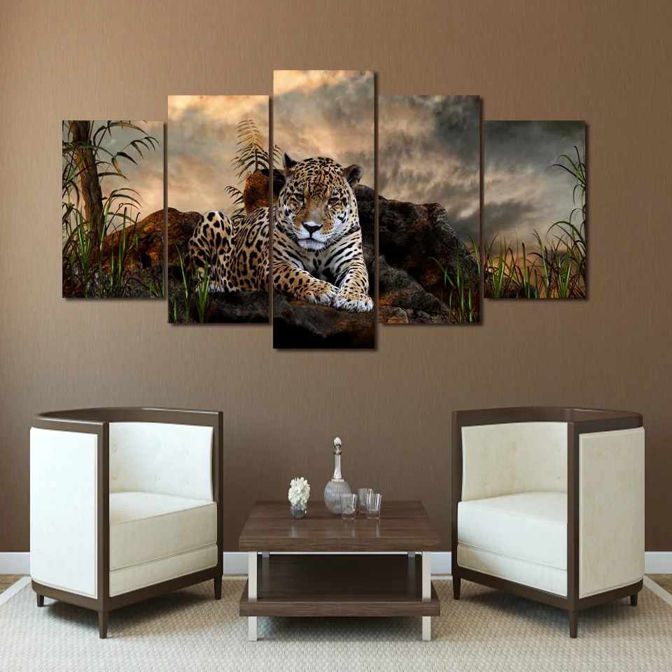 

5 Pieces Printed Wall Art Canvas Animal Leopards Waterfall Picture Posters Modern Home Decoration Artworks Modular Framework