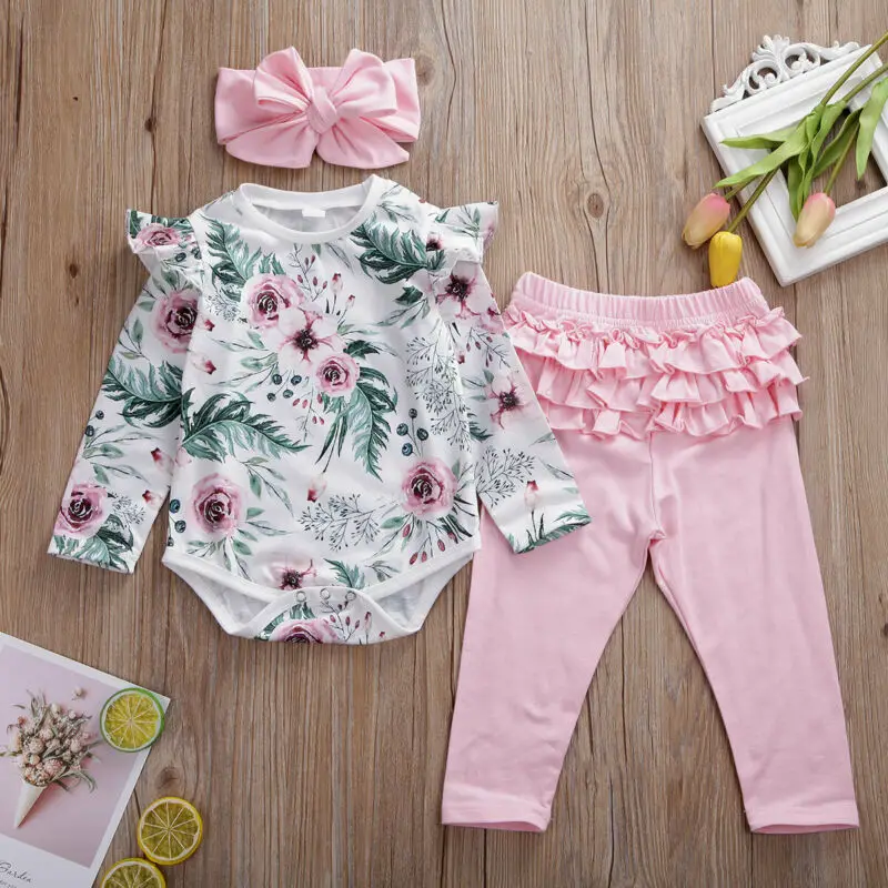 

0-24M Baby Girls Cotton Clothes Set Toddler Baby Girls Long Sleeve Ruffles Floral Printed Tops Pants Suits Girl's Clothes