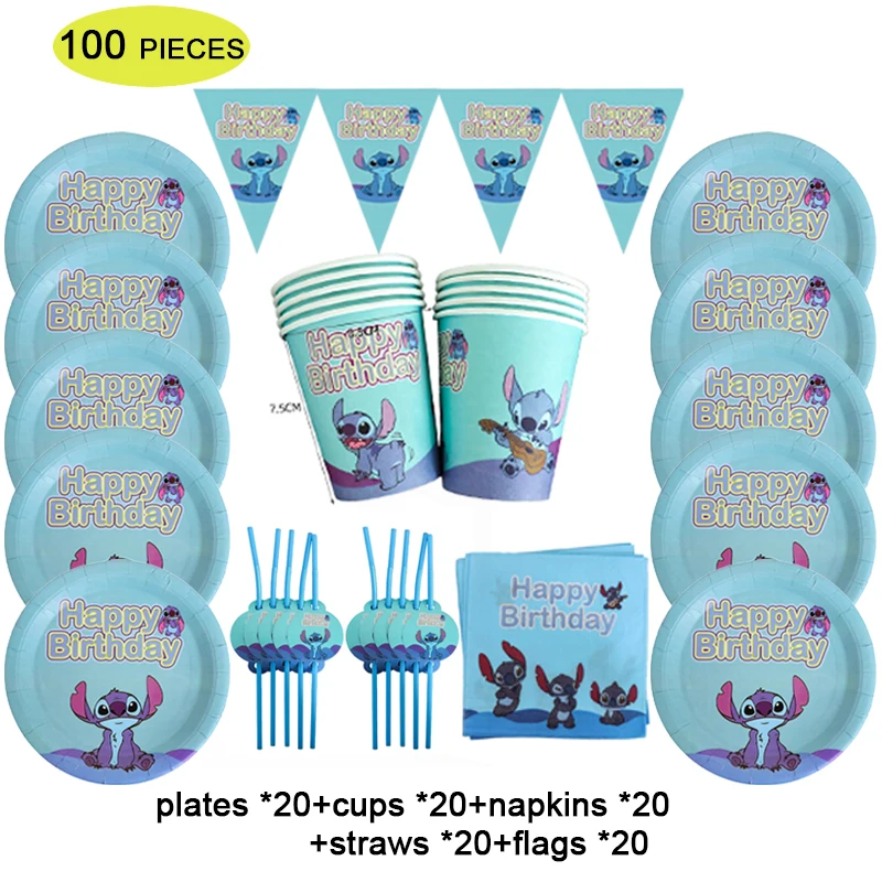 

Baby Shower Birthday Decorations Disposable Tableware Set Stitch Paper Plates Banner Napkins Boy Girls Birthday Party Supplies