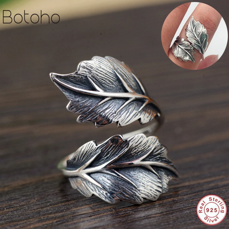 

100% Real 925 Sterling Silver colour Jewelry Vintage Leaf Open Rings for Women Men Gift High Quality Jewelry Female Rings Gift