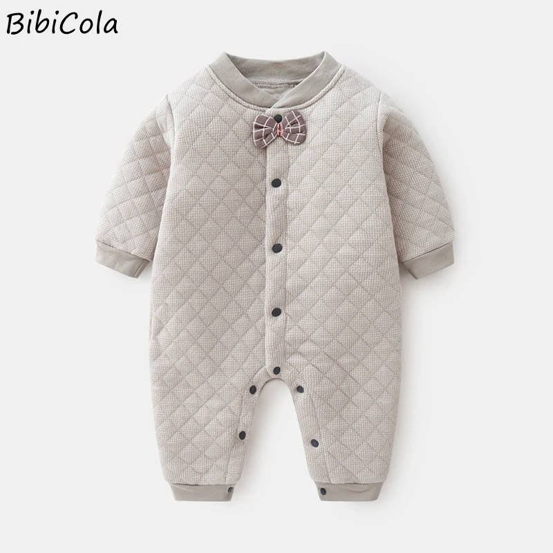 

Fall Winter Newborn Baby Romper Infant Fashion Bow Tie Non-button Jumpsuit Kids Plus Cotton Warm Outfit Children Clothing